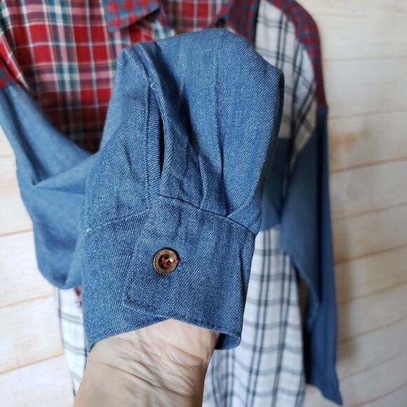 Hayden Plaid Checkered Denim Button Front Shirt Blouse Women's Size S/M - Picture 3 of 7
